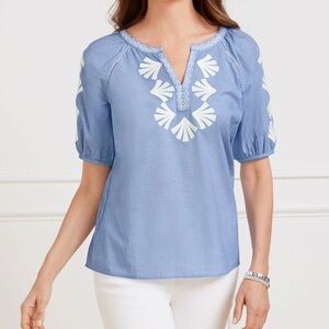 Talbots Chambray Blue & White Embroidered Cotton Women's Plus Size Top NWT